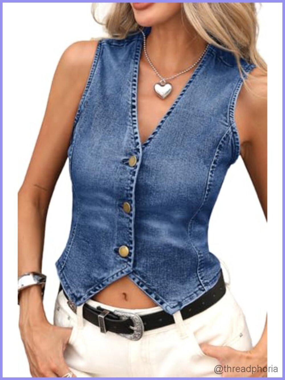 Women's Cropped Denim Vest, Fitted Waist V-Neck Jean Waistcoat